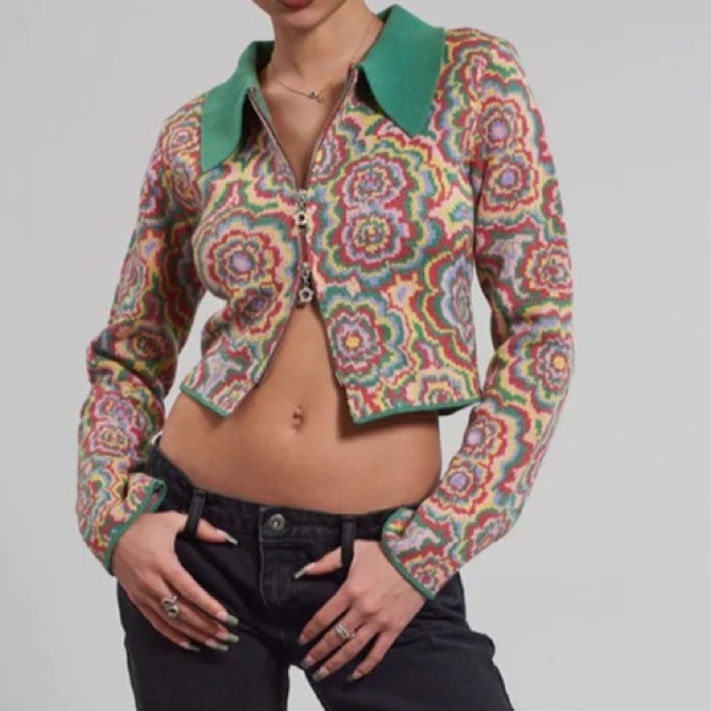 RAGGED PRIEST 70s HALLUCINATION zip cardigan top with polo collar - Picture 2 of 6